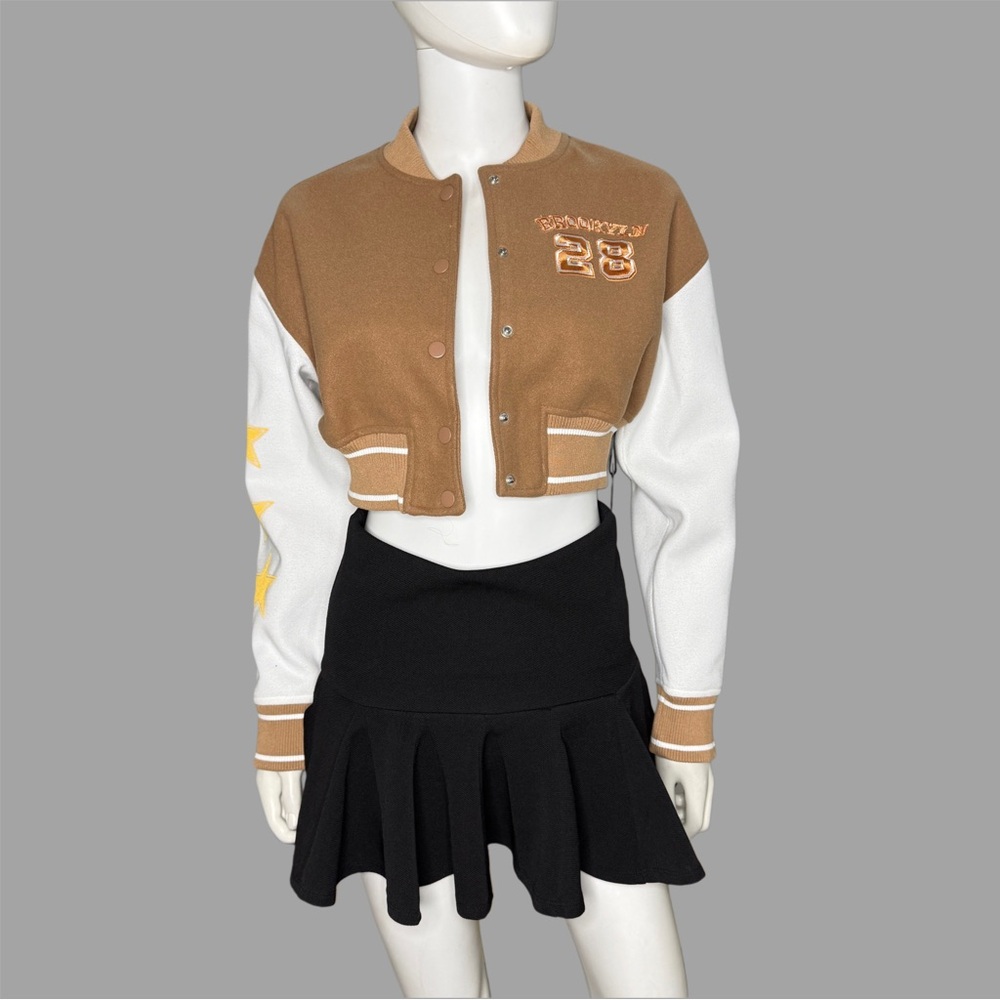Forever 21 Tan and White Cropped Varsity New York Jacket